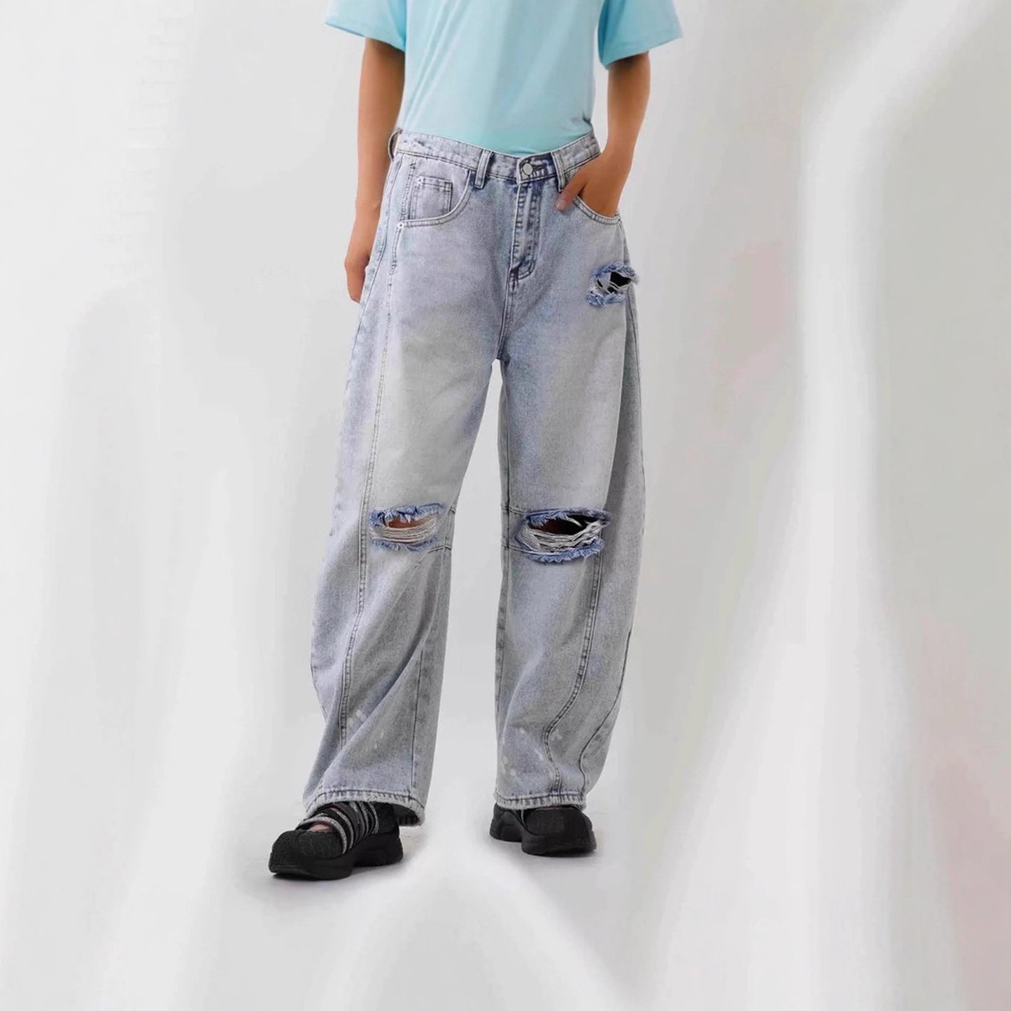 Women's Loose Hole Vintage Denim Trousers Jeans