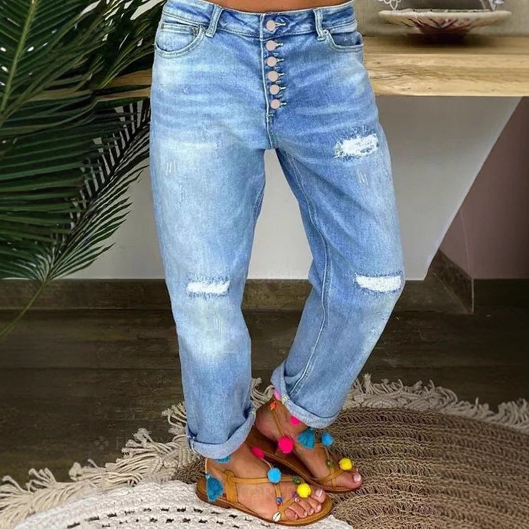 Women's Blue With Holes Loose Washed-out Straight Clothing
