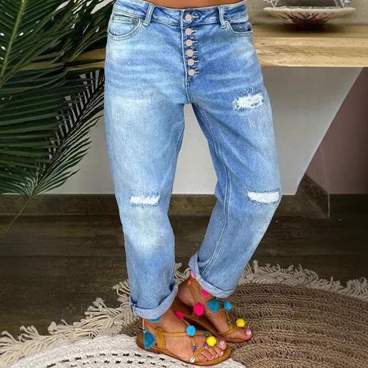 Women's Blue With Holes Loose Washed-out Straight Clothing