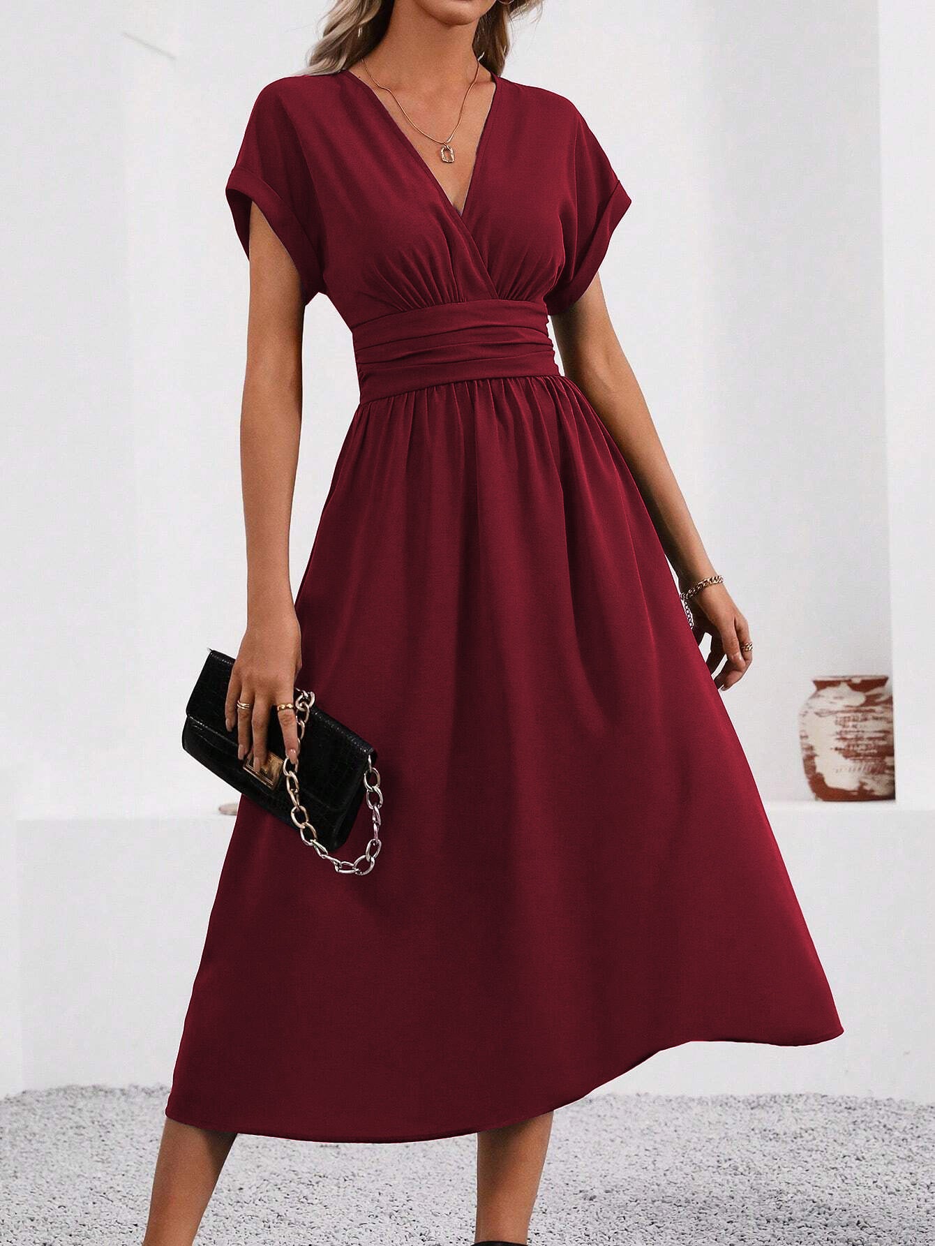 Women's Color Overlapping Batwing Sleeve Waist Pleated Long Dress