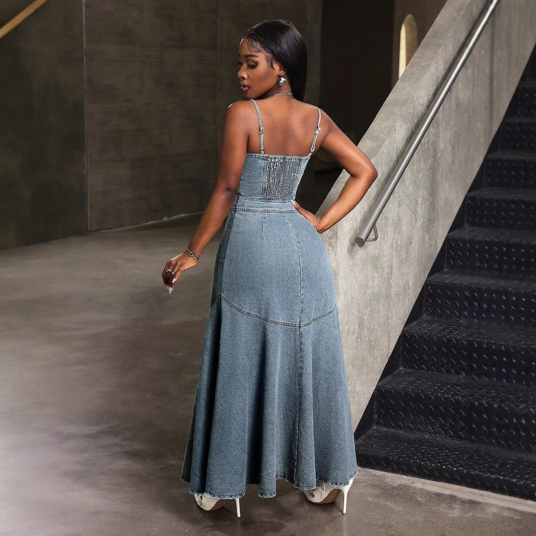 Fashionable Temperament Mid-length Single-breasted Suspender Denim Dresses