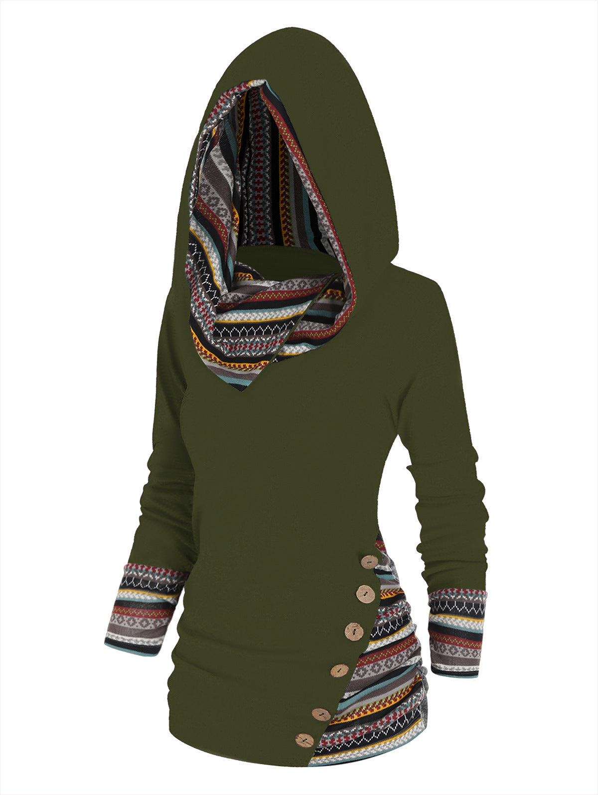 Women's Striped Stitching Hooded Knitted Long Sleeve Button Sweaters