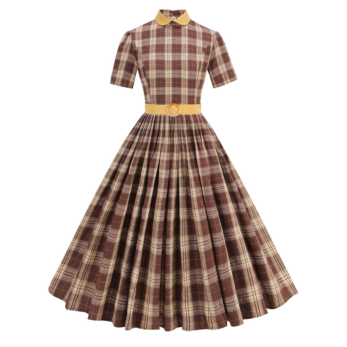 British Court Retro Contrast Color Lapels Pleated Plaid Elegant Dresses