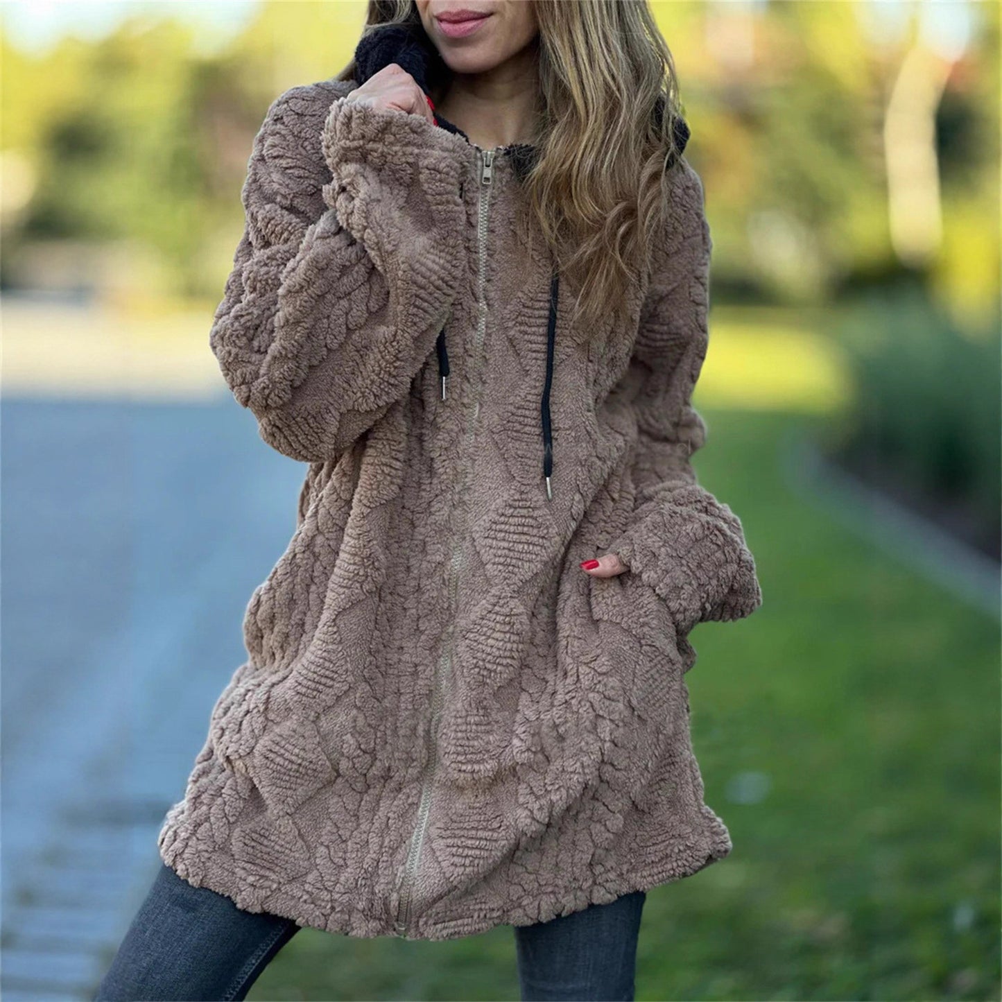 Women's Casual Hooded Solid Color Fur Zip Long Sleeve Coats