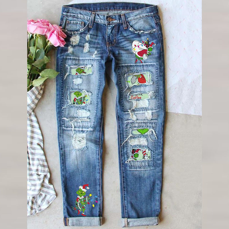 Winter Christmas Red Plaid Printed Ripped Baggy Jeans