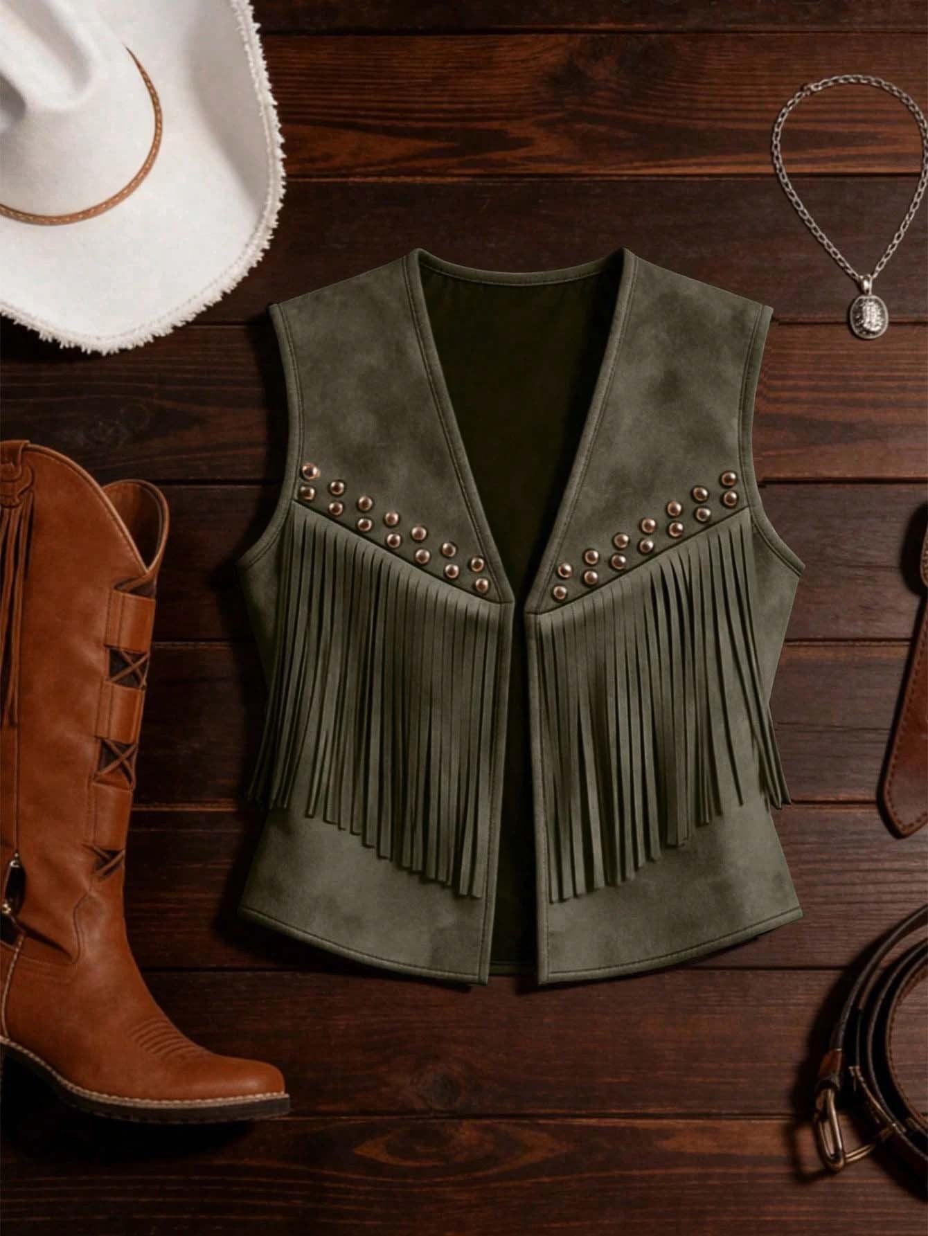 Women's Retro Country American Style Western Rivet Tassel Suede Sleeveless Vests