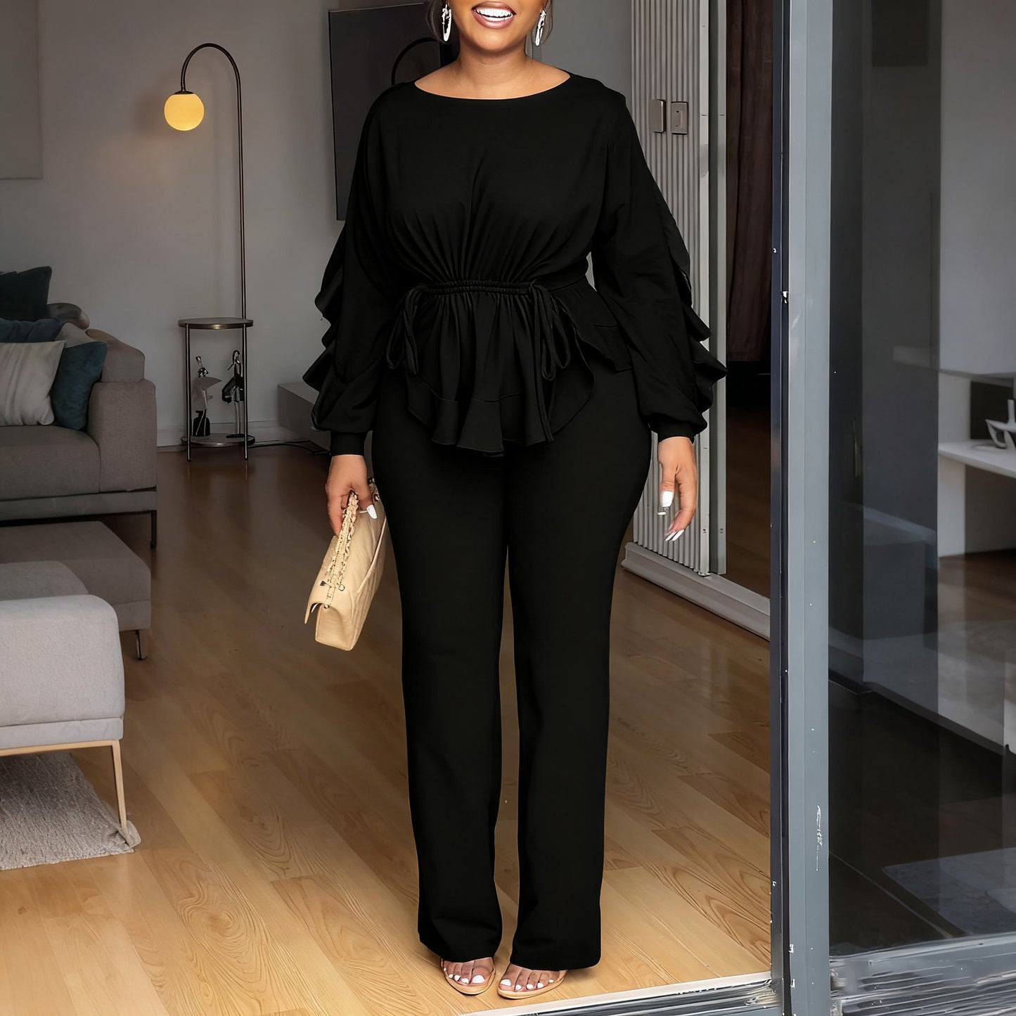 Elegant Winter Elastic Ruffled Drawstring Long Sleeve Tops
