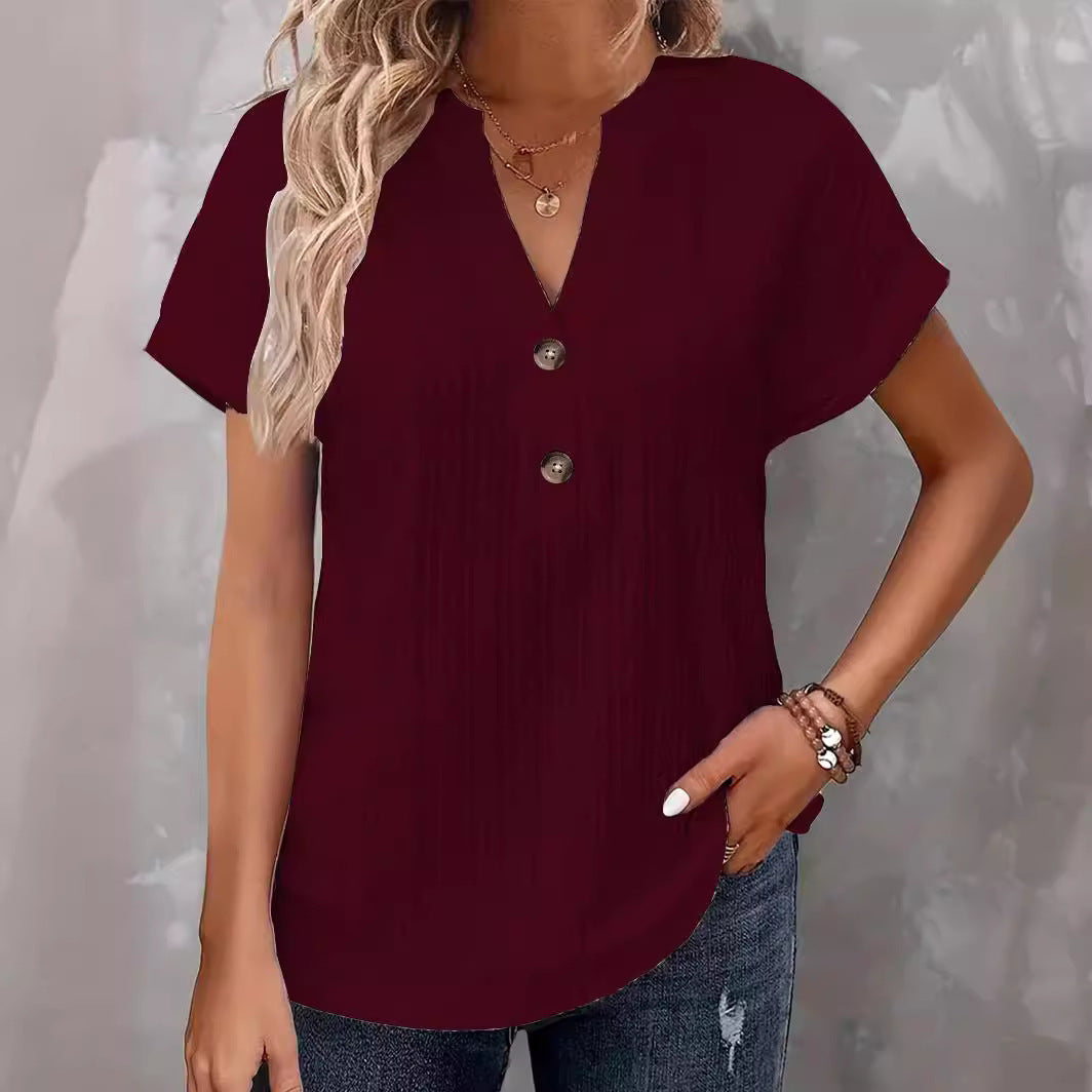 Women's Fashion Casual Solid Color Buttons Women's T-shirt