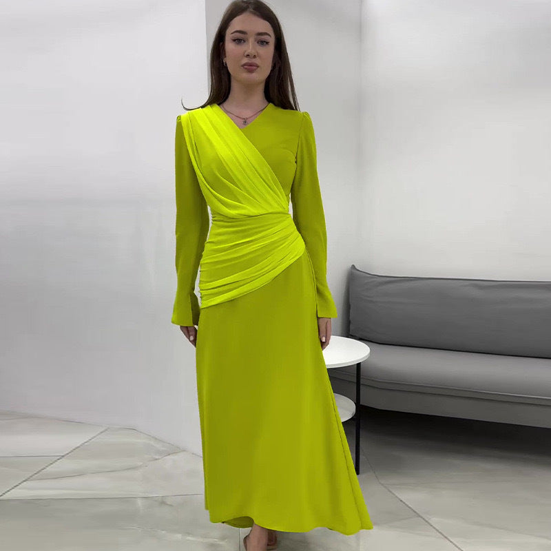 Flared Pleated Cross Overlay Strap Cinched Dresses
