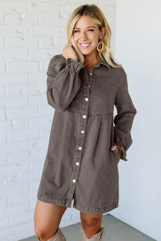 Women's Denim Button Lotus Leaf Long Sleeve Loose Dresses