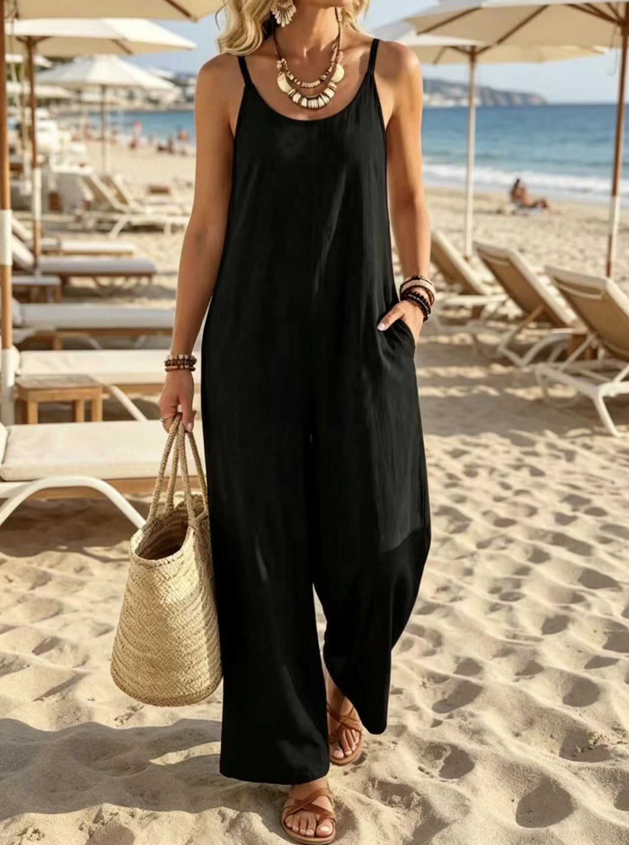 Women's Summer Casual Vacation Style Loose Sling Solid Jumpsuits