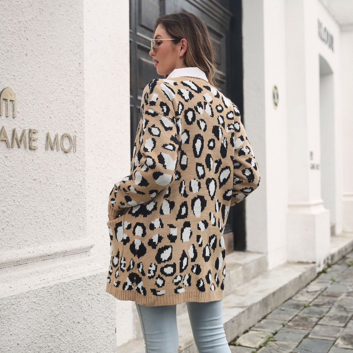 Women's Leopard Jacquard Pocket Long Knitted Loose Sweaters