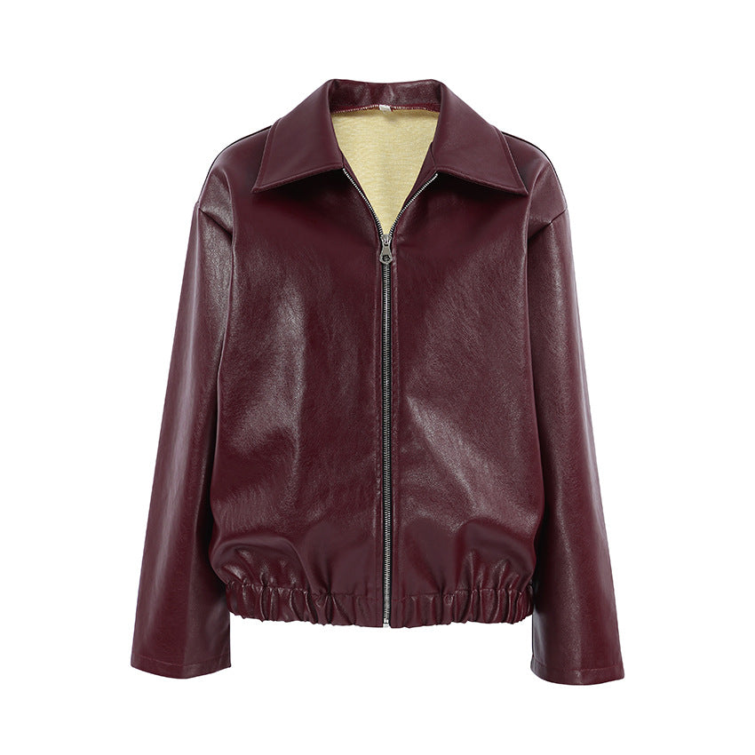 Women's Retro Style Wine Red Leather Autumn Jackets