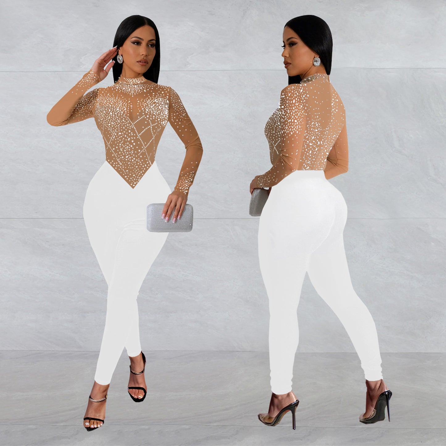 Women's Fashion Wear Mesh Rhinestone Long-sleeved Trousers Jumpsuits