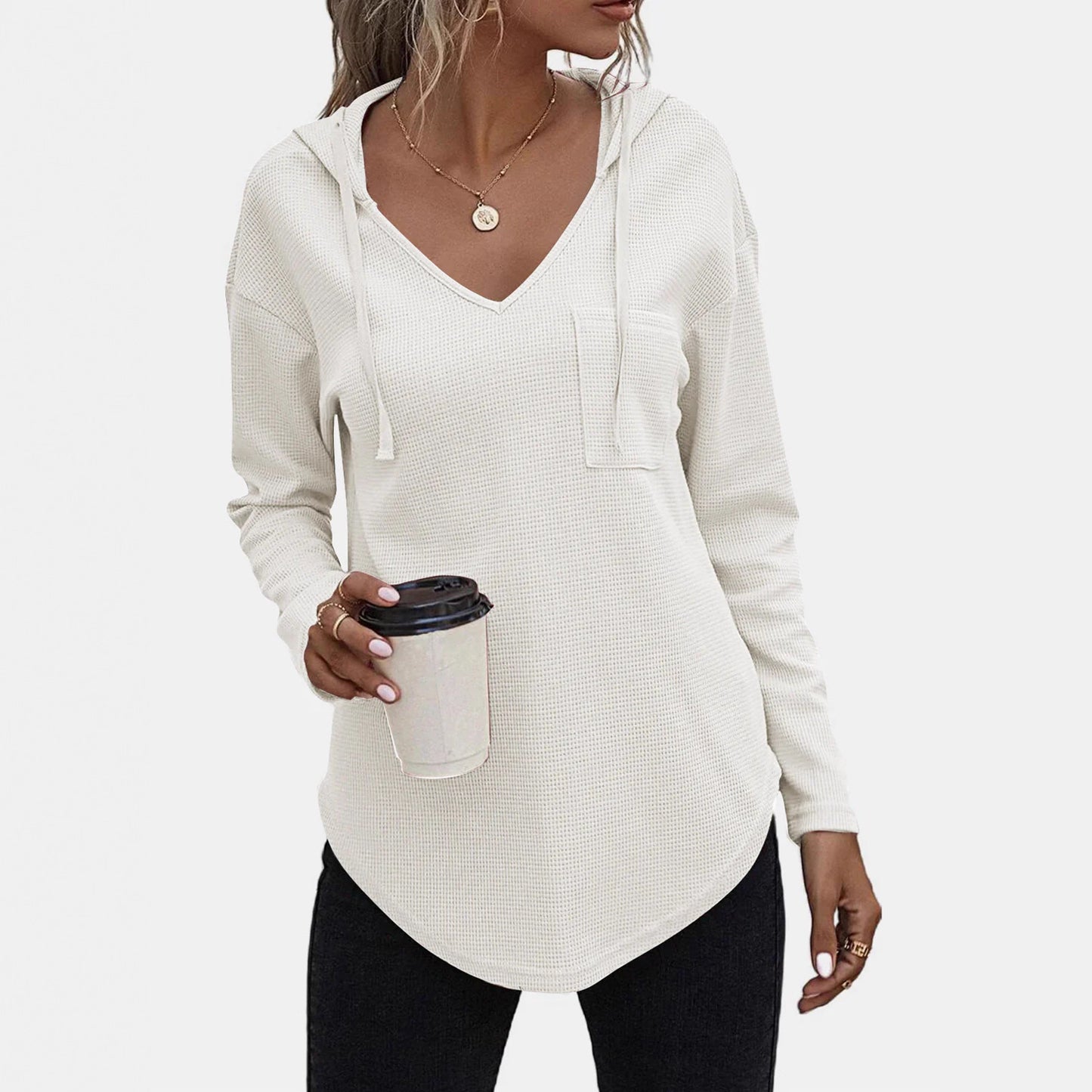 Women's Xi Waffle Casual Fashion Solid Color Hooded Knitted Patch Pocket Blouses