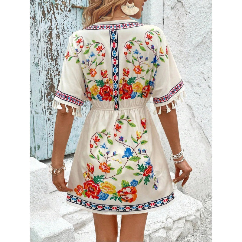 Bohemian Retro Ethnic Style Tassel Print Dress