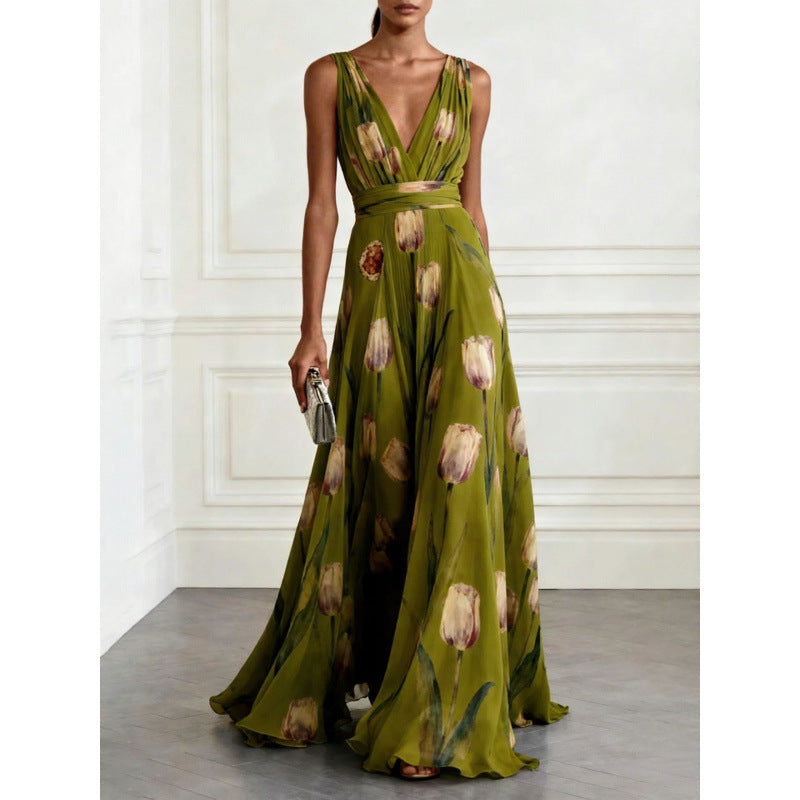 Women's Tulip Print Sleeveless Chiffon Maxi Dress