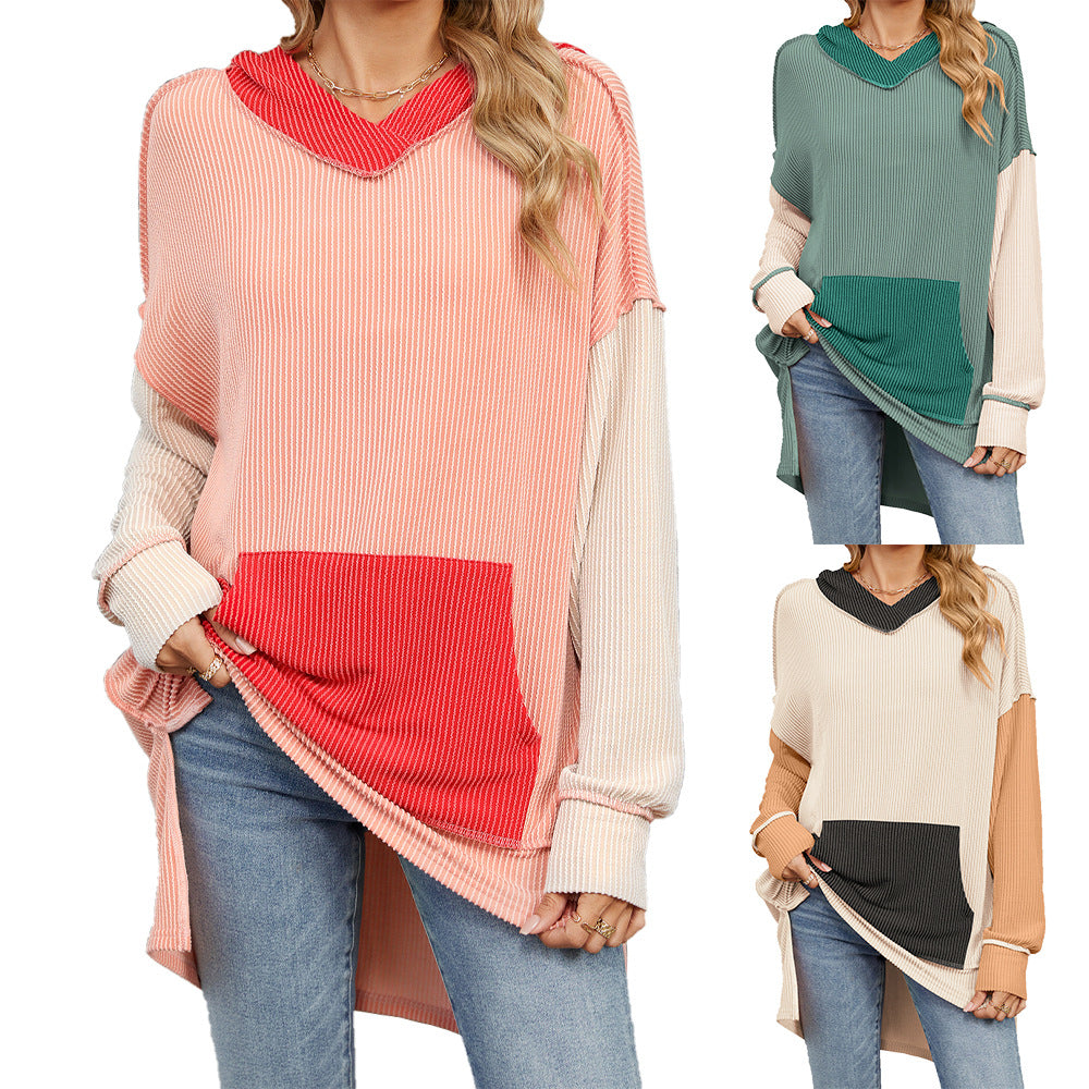 Women's Color Pocket Long Sleeve Loose Hooded Women's Sweater, Sweater