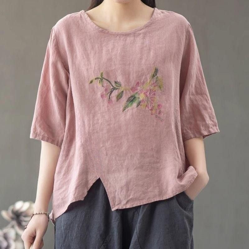 Women's Cotton Linen Summer Thin Embroidered Large Loose Artistic Retro Chinese Women's T-shirt
