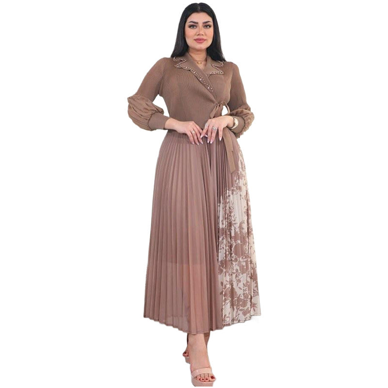 Women's Fake Two Pieces Pleated Print Dress Dresses