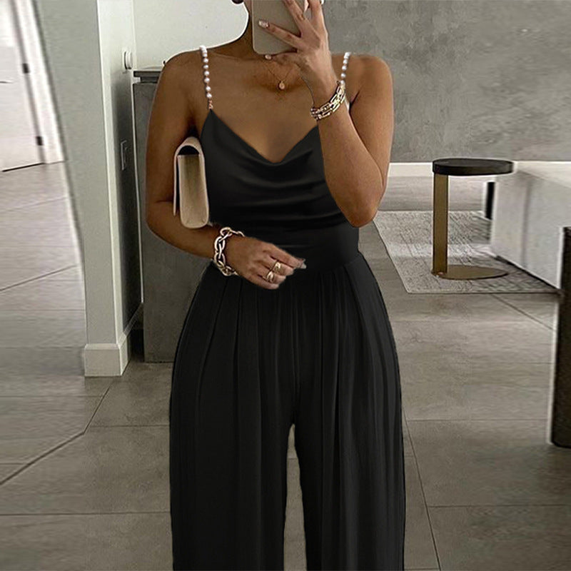 Pearl Suspender Wide Leg Sleeveless Backless Jumpsuits