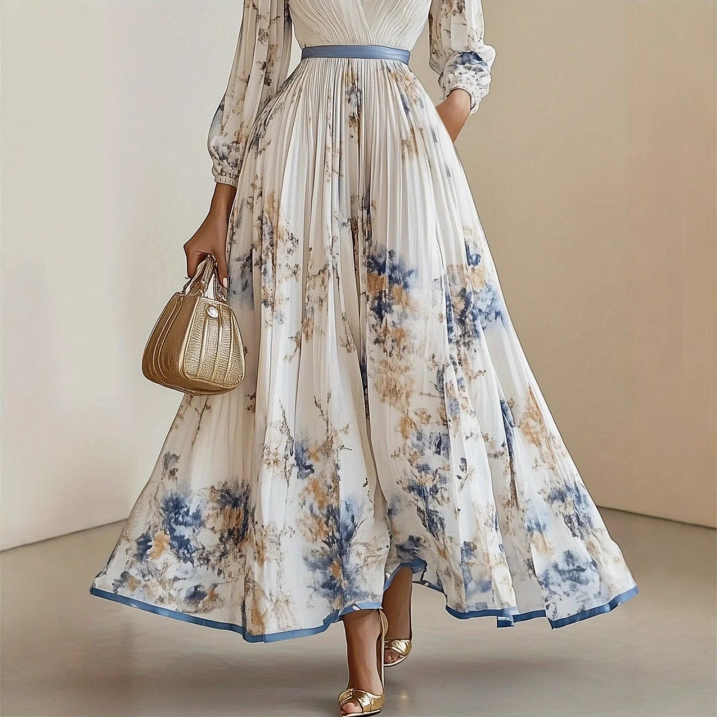 Flower Print Long Sleeve A- Line Dresses