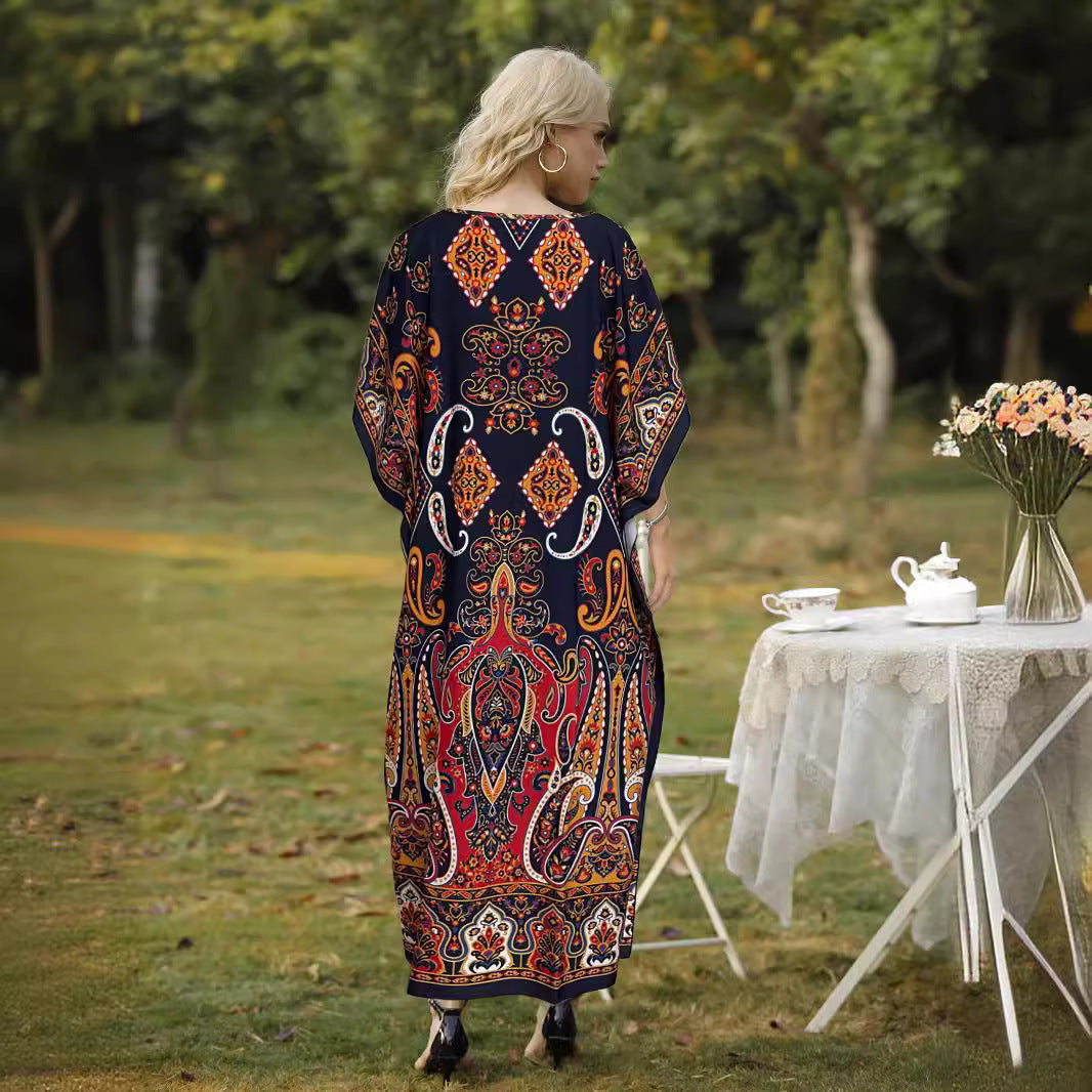 Women's Ethnic Printed Loose Split Robe Bohemian Dress