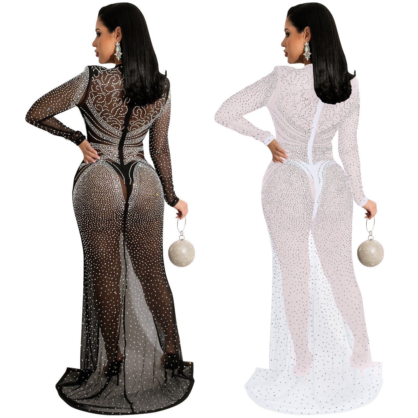 Women's Hot Drilling Mesh Long Sleeve Split Dresses