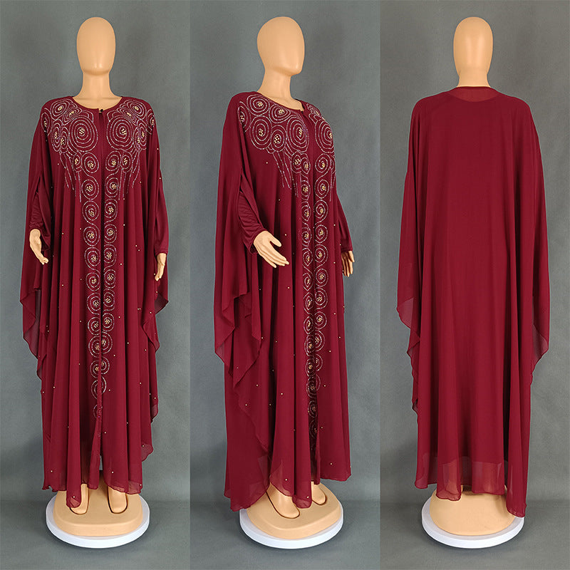 Women's African Arabic Long Gown Chiffon Rhinestone Dresses