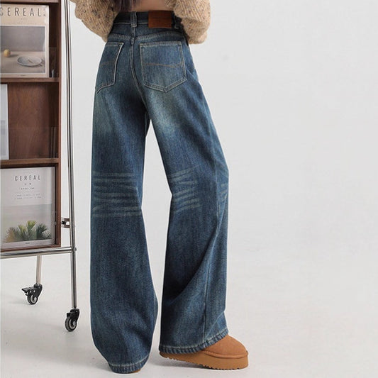 Women's Straight Loose Quality High Waist Thickened Warm Jeans