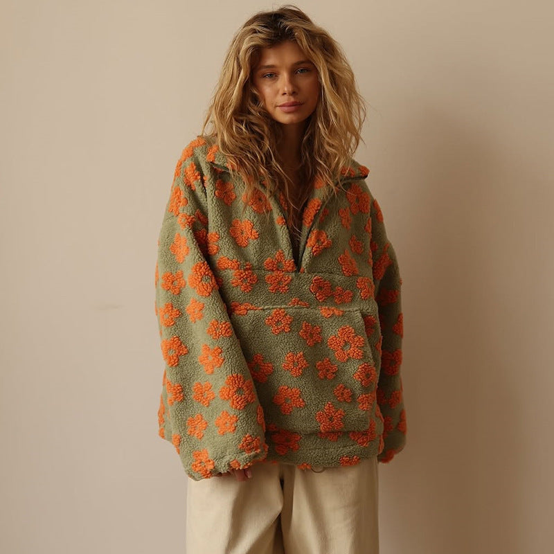 Women's Fashionable Faux Lamb Wool Printed Loose Sweaters