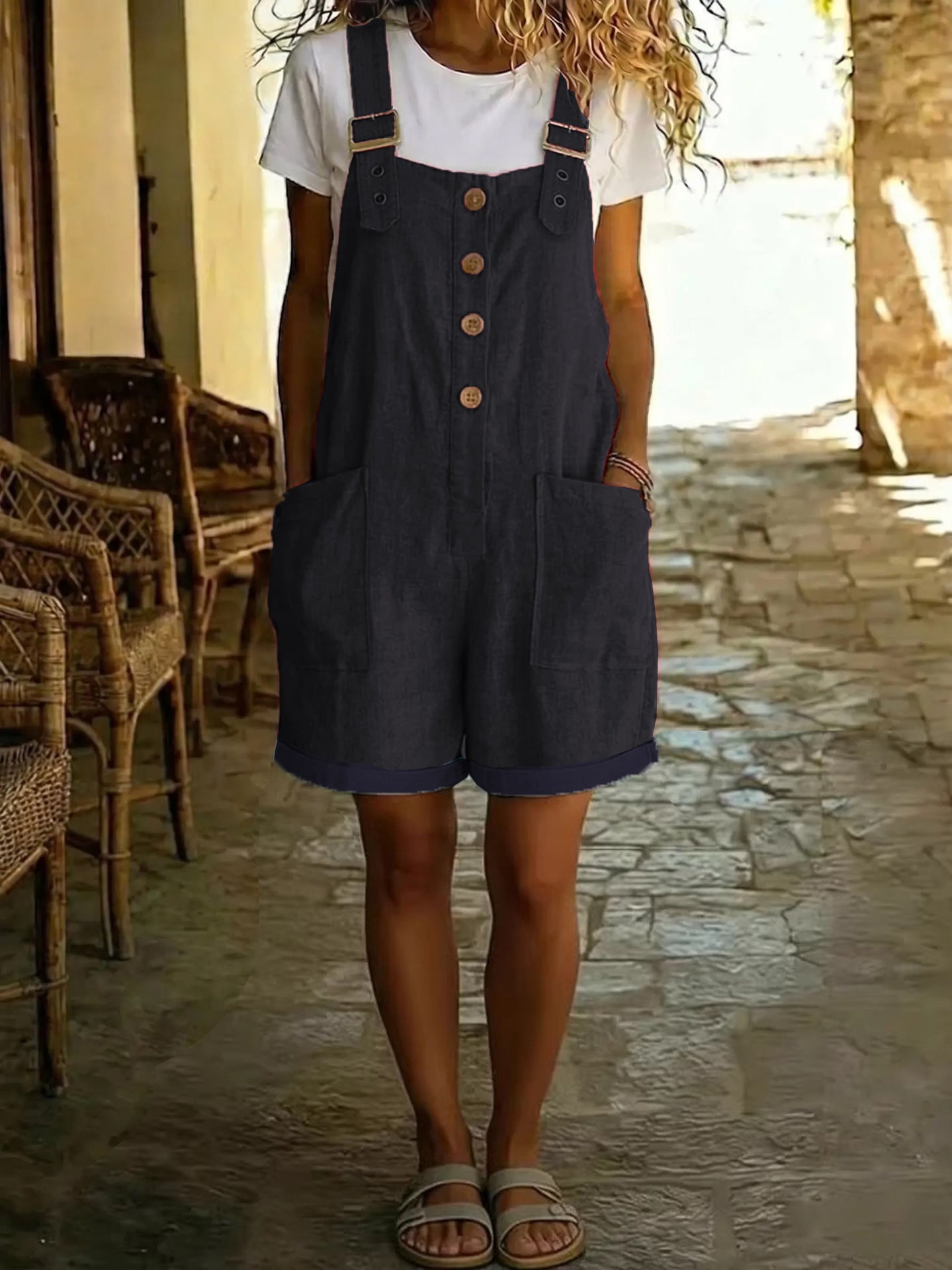 Women's Summer Linen Solid Color Retro Pocket Straight Women's Jumpsuit/clothing