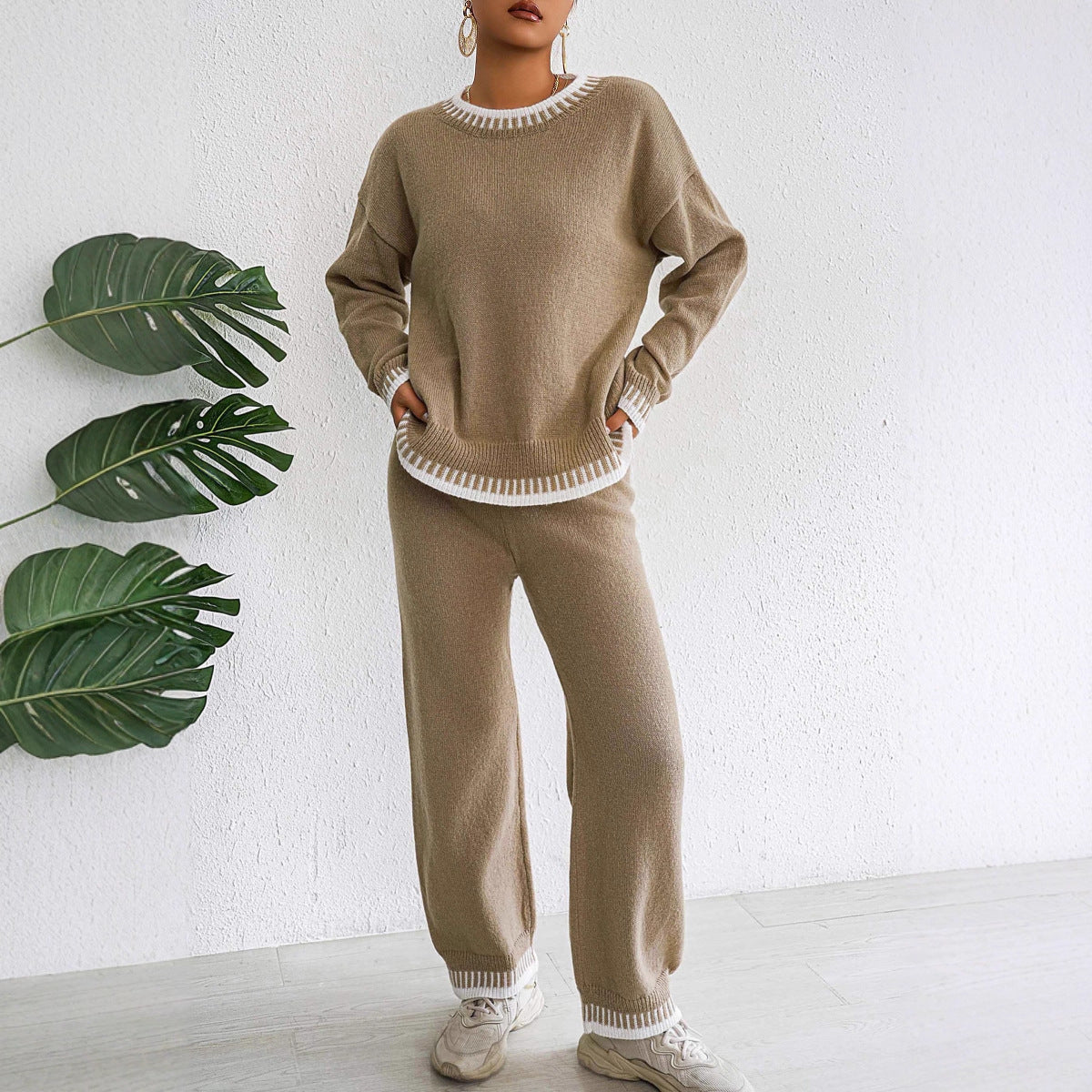 Women's Home Wear Casual Two-piece Color Contrast Patchwork Pullover Straight Sweaters
