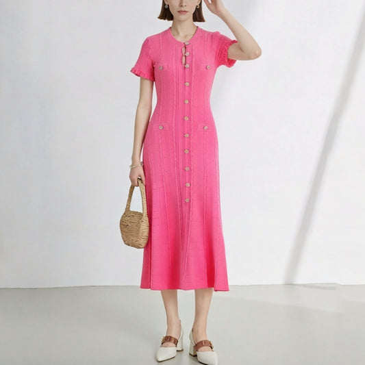 Women's High Quality French Style Temperament Sleeve Hollow Thread Single-breasted Dress