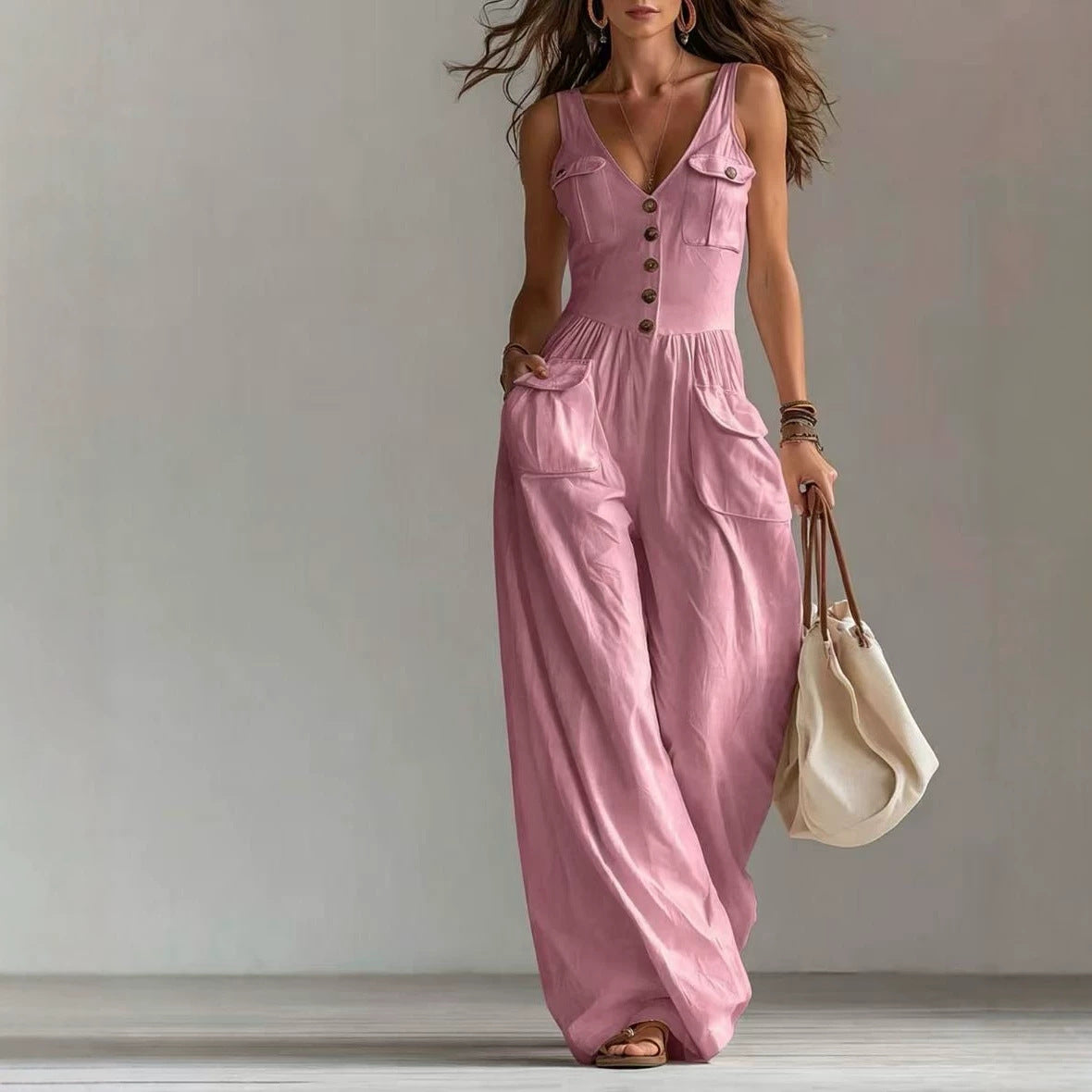Women's Summer Solid Color Buttons Loose Casual Women's Jumpsuit/clothing