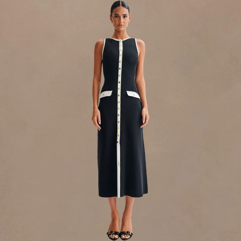 Slouchy Single-breasted Knitted Elegant Sleeveless Floor Dress