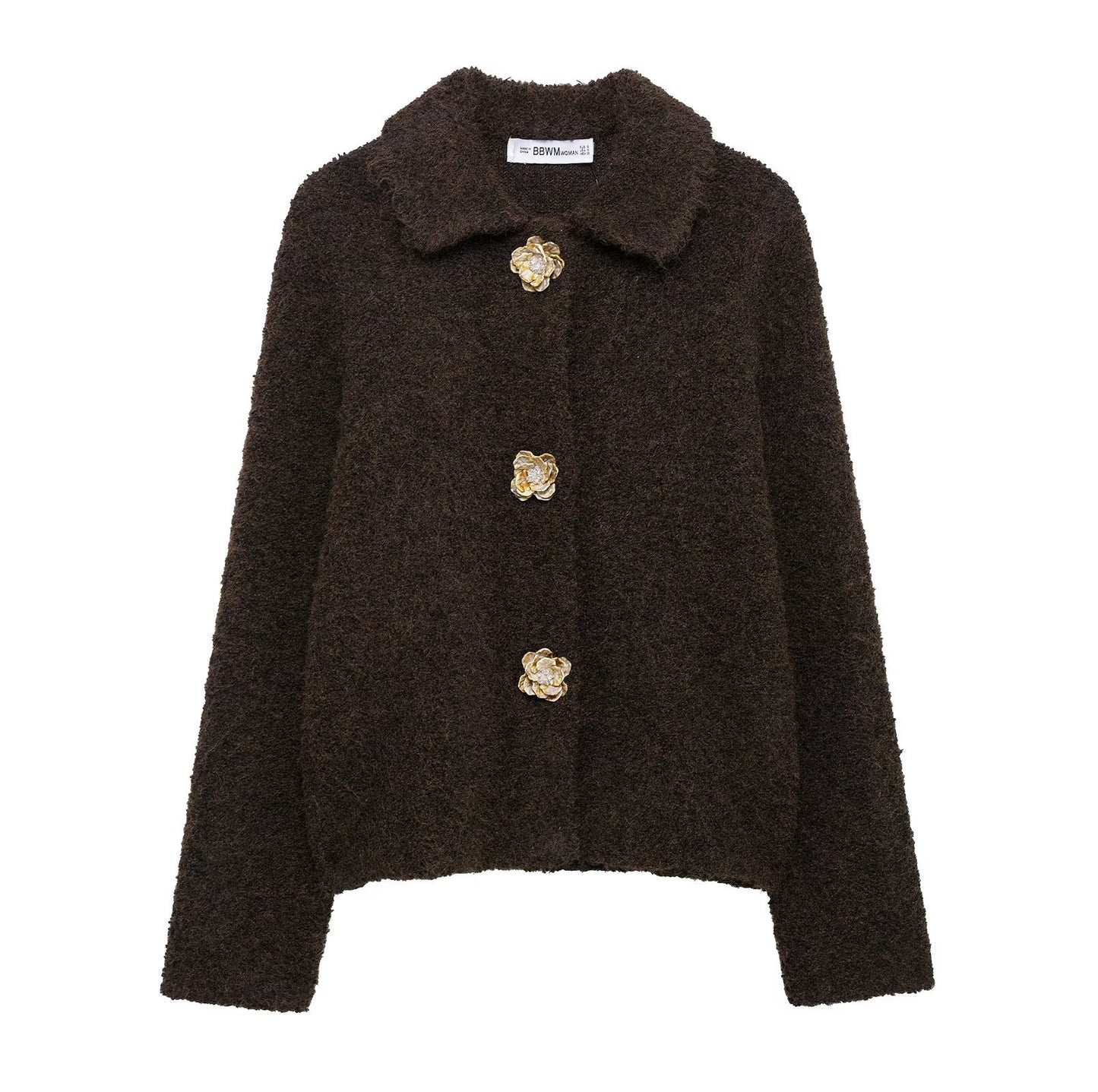 Women's Artificial Wool Belt Flower Button Knitted Sweaters
