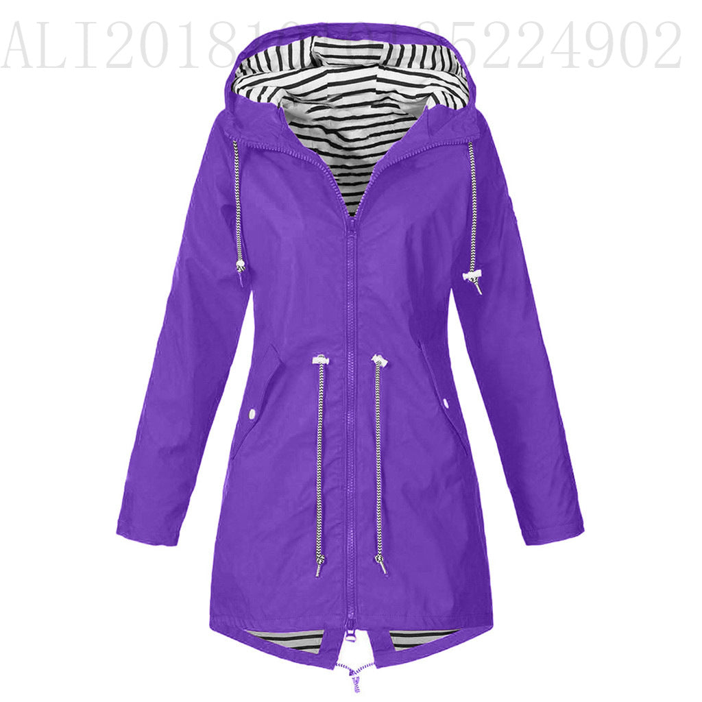 Women's Full Striped Shell Hooded Outdoor Raincoat Plus Size