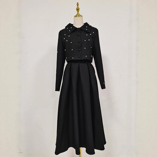 Women's Slim Long Dress Temperament Pure Color Beaded Suits