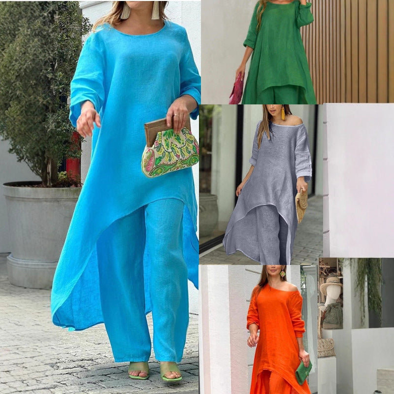 Women's Cotton Linen Irregular Long Sleeve Wide Leg Suits
