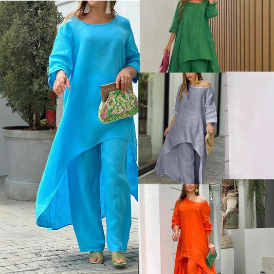 Women's Cotton Linen Irregular Long Sleeve Wide Leg Suits