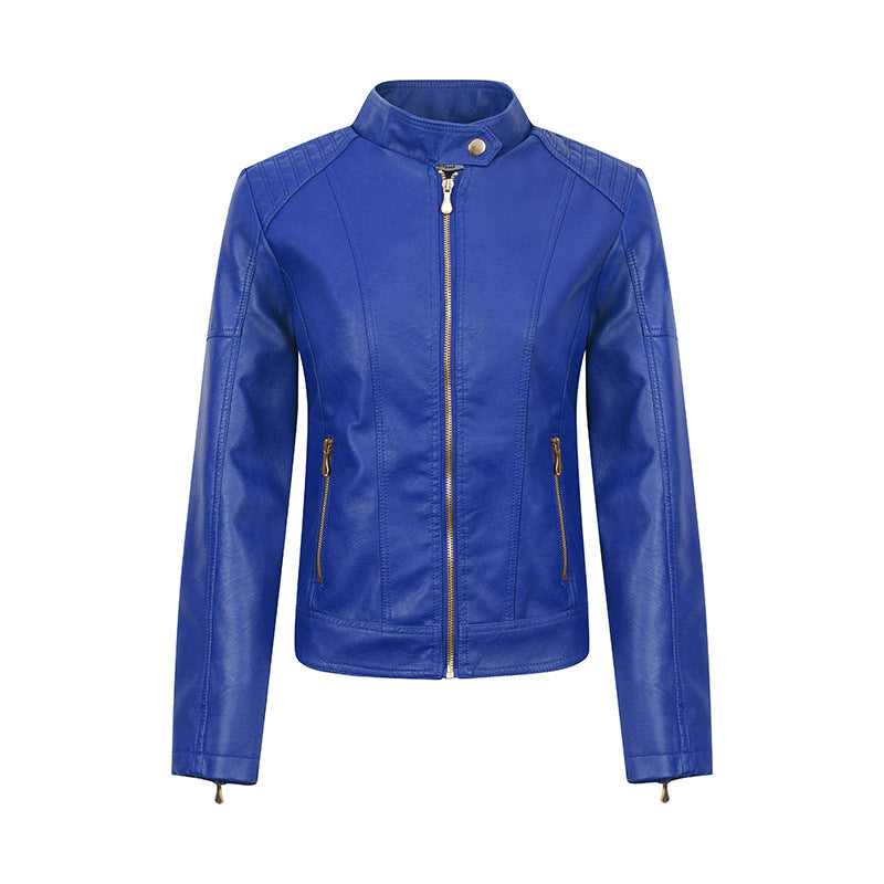 Women's Stand Collar Leather Motorcycle Veet Slim Jackets