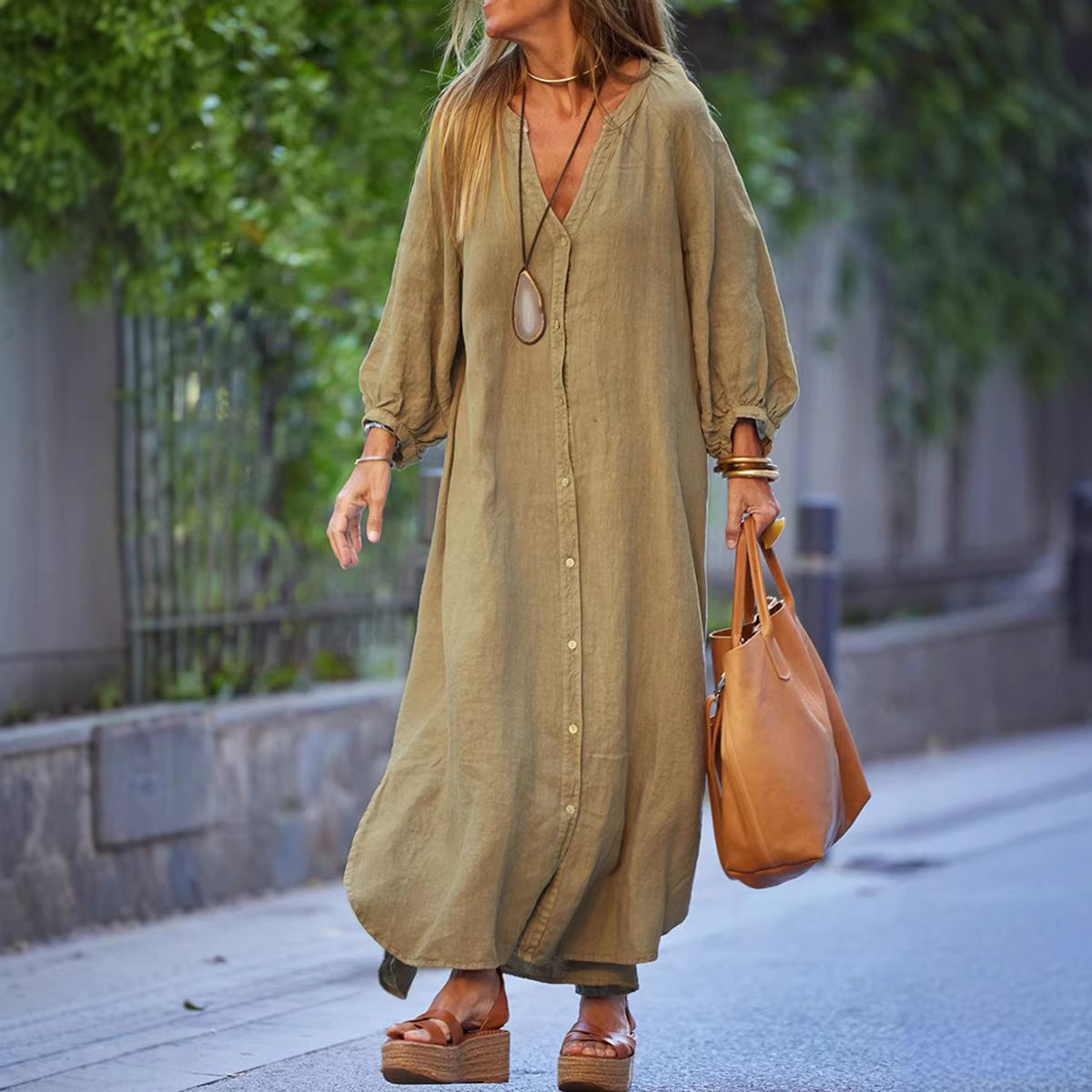 Women's Spring Cotton Linen Shirt Fashion Casual Long Dress