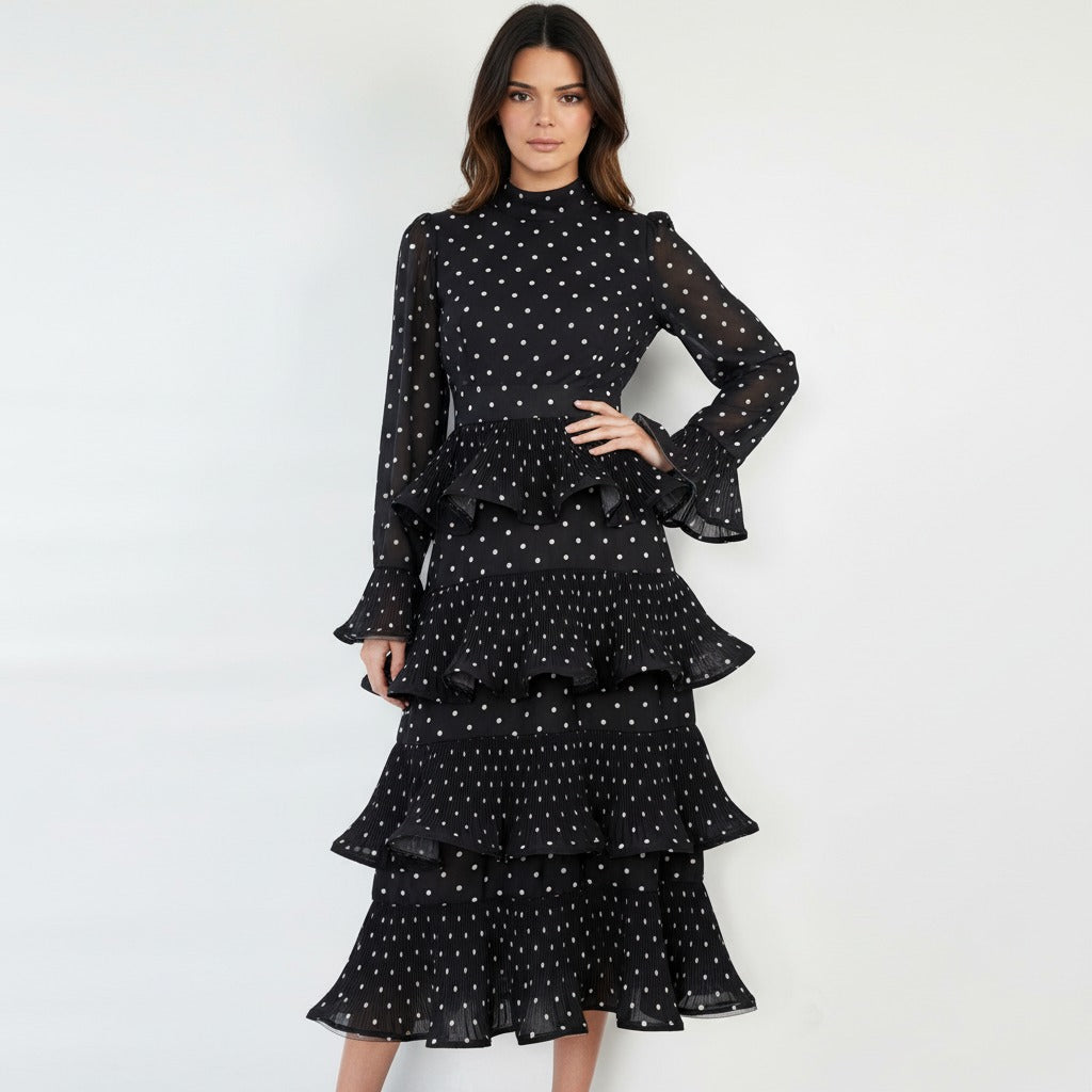 Flared Long Sleeve Stand-up Collar Tie Waist Dresses