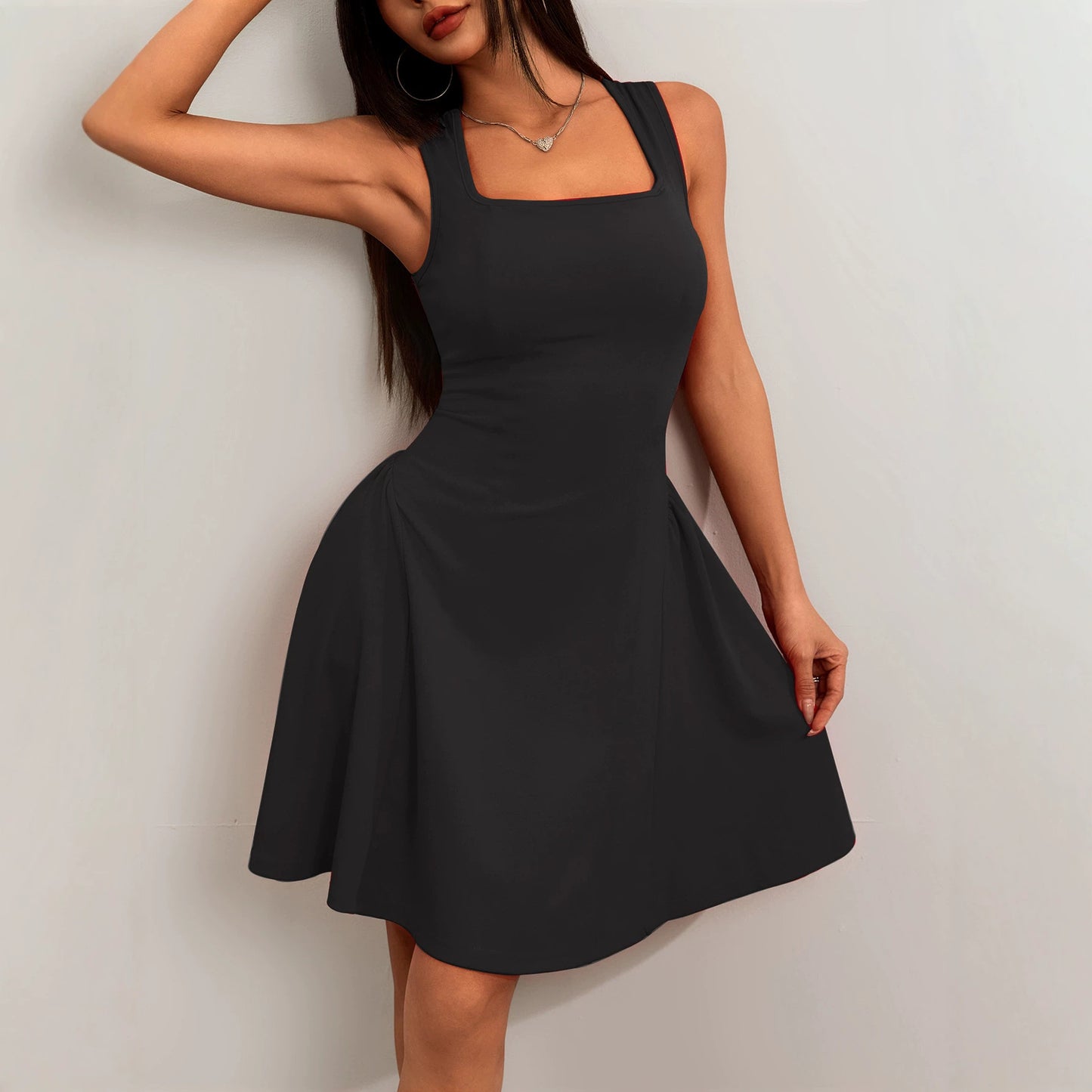 Women's Solid Color Square Collar Sleeveless Temperament Dress