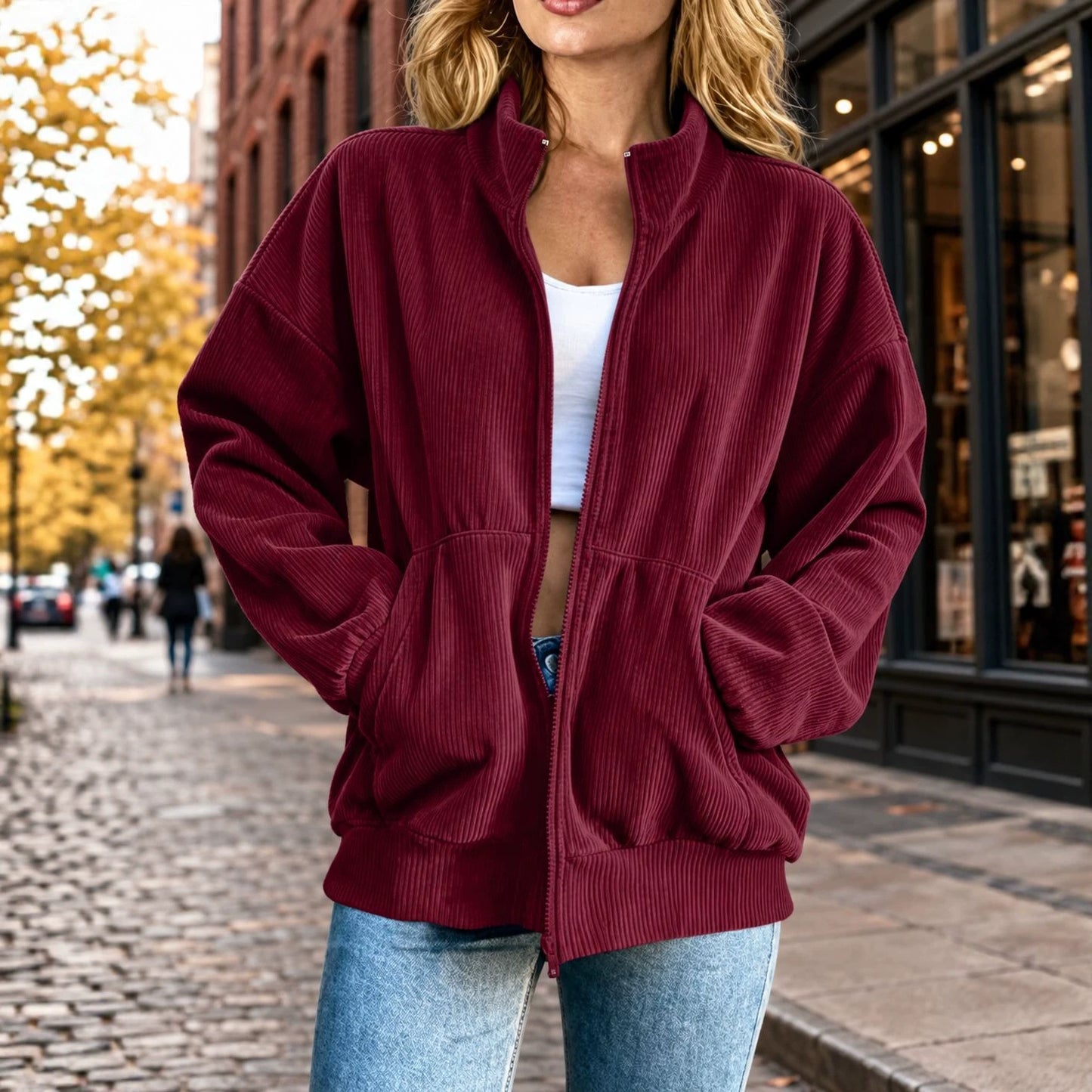 Women's Retro Corduroy Stand Collar Zipper Drop Shoulder Loose Casual Long Women's Sweater, Sweater