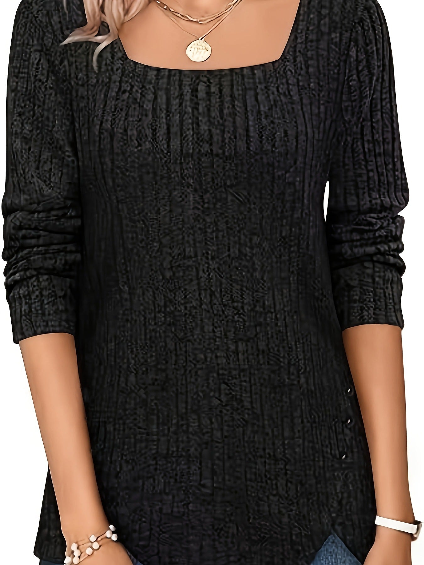 Women's Color Rib Fabric Square Collar Loose Women's T-shirt