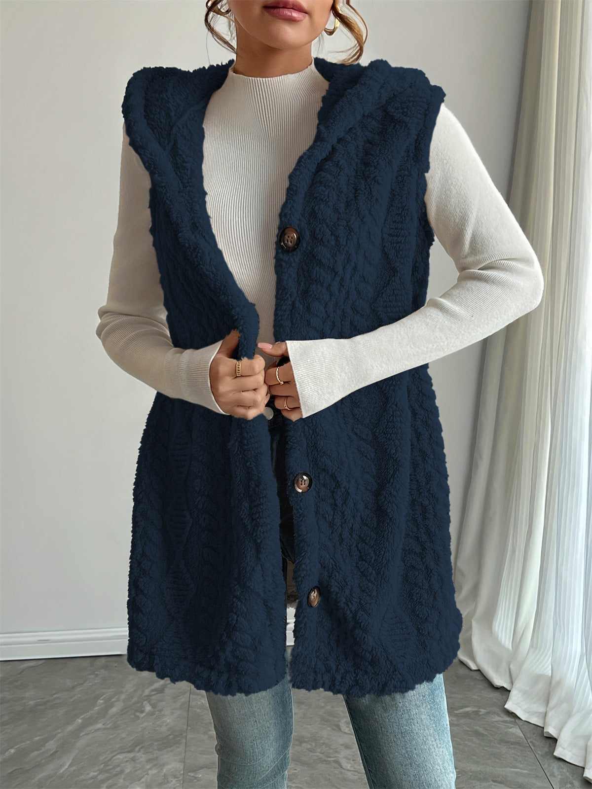 Solid Color Double-sided Plush Hooded Button Women's Vest