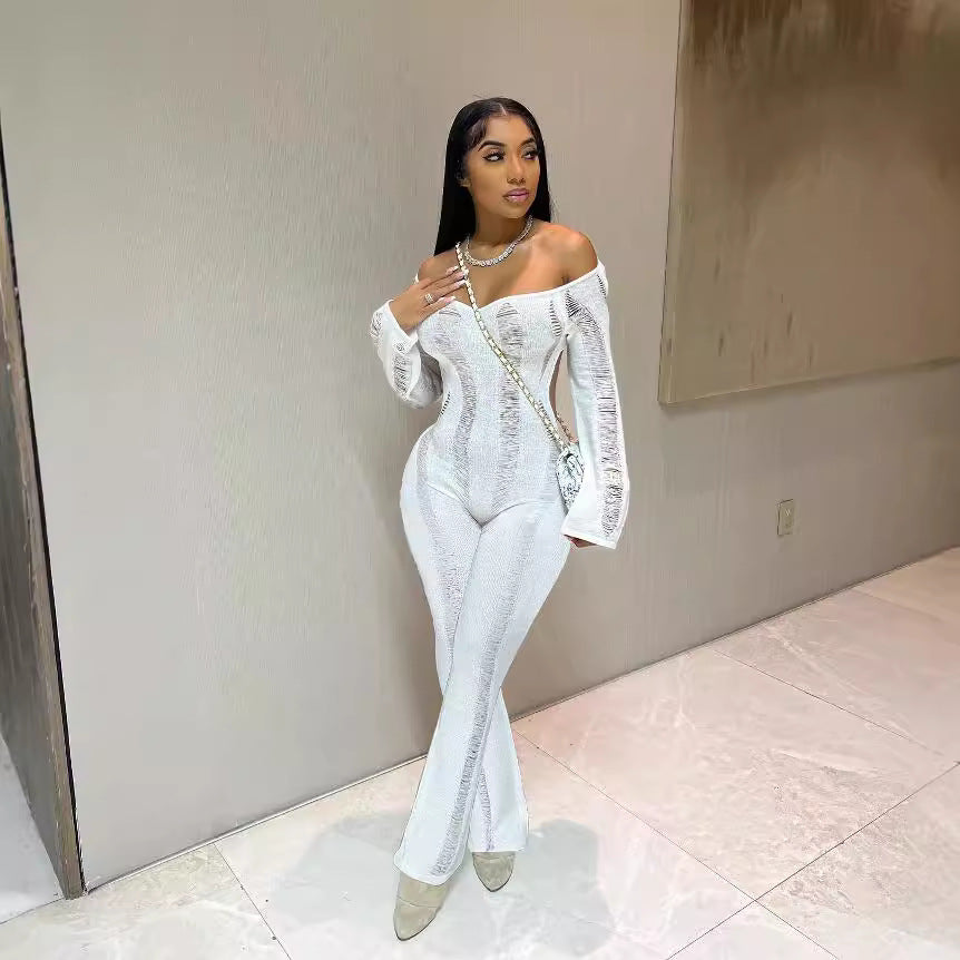 Women's Sexy Cutout Thin Long-sleeved Trousers Back Jumpsuits