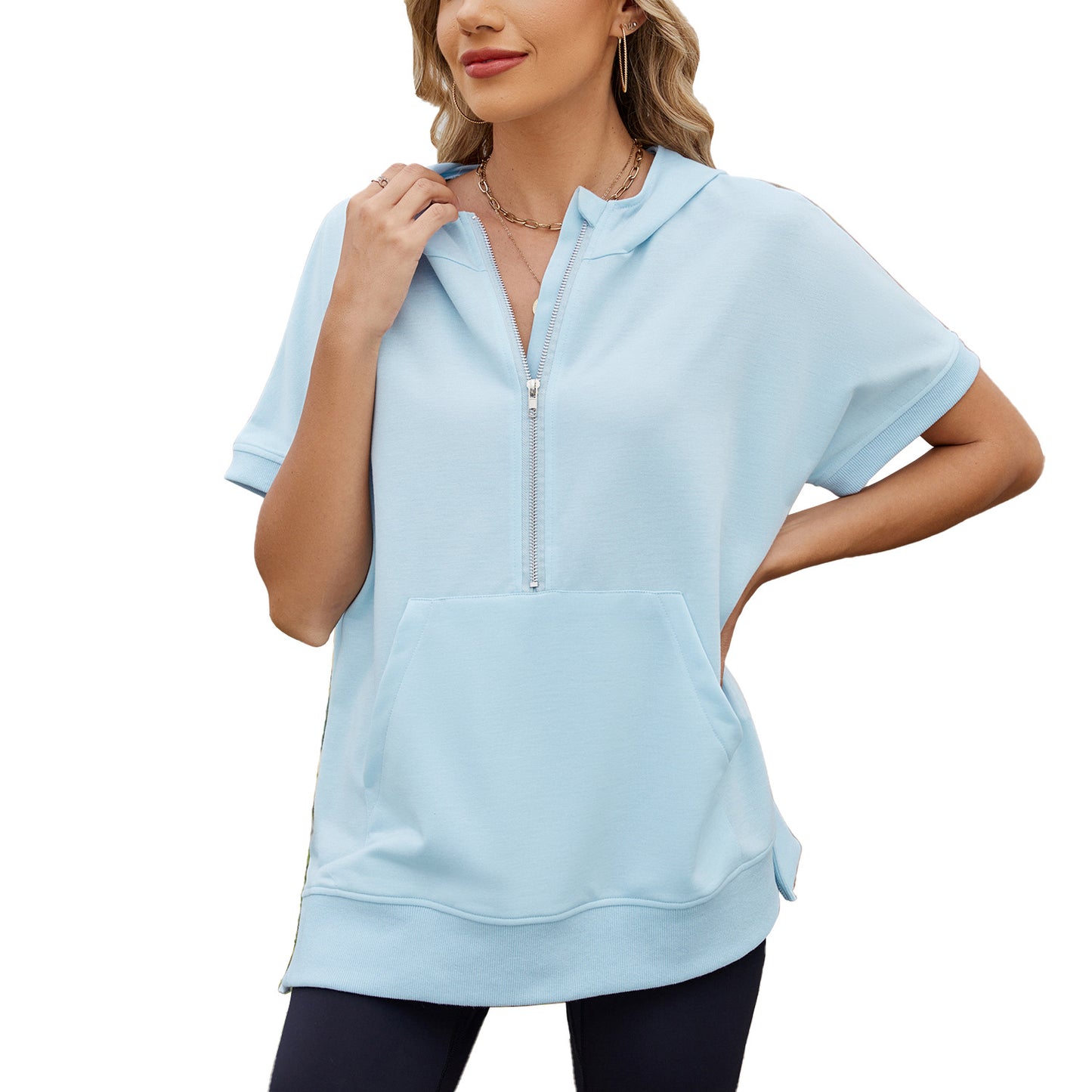 Loose Sleeve Zipper Pocket Thin Hoodies Women's Sweater, Sweater